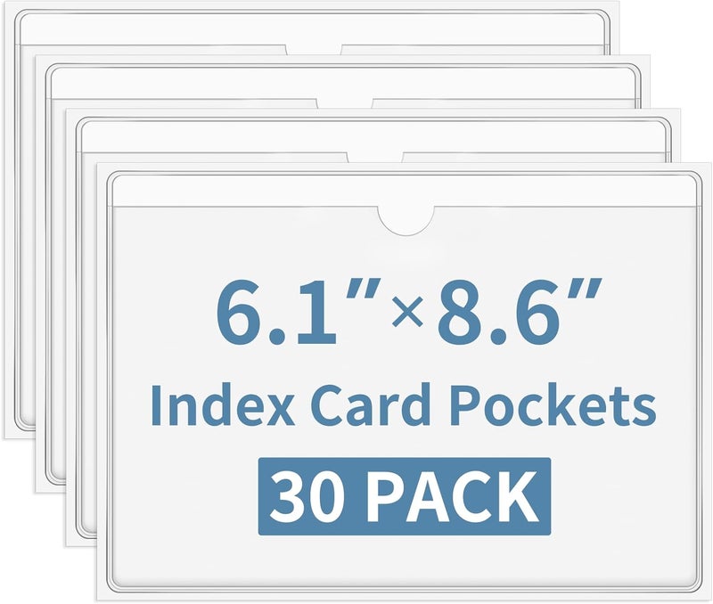 Aixoom 30 Pcs Clear Index Card Pockets, Self-Adhesive Label Pocket for Replaceable Labels with Top Opening, Ideal Index Card Holder for 5x8 Inch Photos, Notes - Image 1